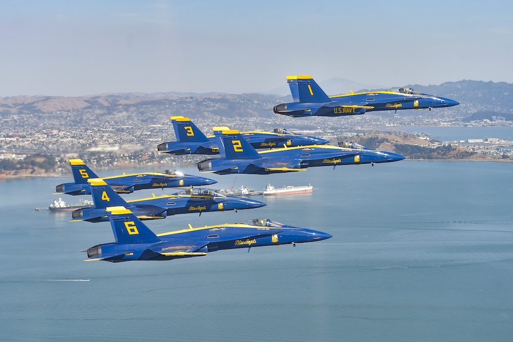 191011-N-UK306-1154 SAN FRANCISCO (Oct. 11, 2019) The U.S. Navy Flight Demonstration Squadron, the Blue Angels, pilots fly over the San Francisco By during the 2019 San Francisco Fleet Week Air Show. The Blue Angels are scheduled to conduct 61 flight demonstrations at 32 locations across the country to showcase the pride and professionalism of the U.S. Navy and Marine Corps to the American and Canadian public in 2019. (U.S. Navy photo by Mass Communication Specialist 2nd Class Timothy Schumaker/Released)